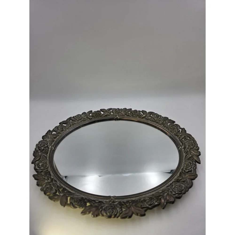 Vintage Oval Mirror Ornate‎ Rose Frame Bronze Gold Tone Vanity Decor 10